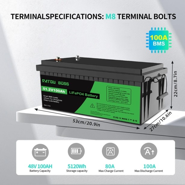 Акумулятор DATOUBOSS 48V 100Ah LiFePO4 с BMS 100A с глубоким циклом зарядки/разрядки