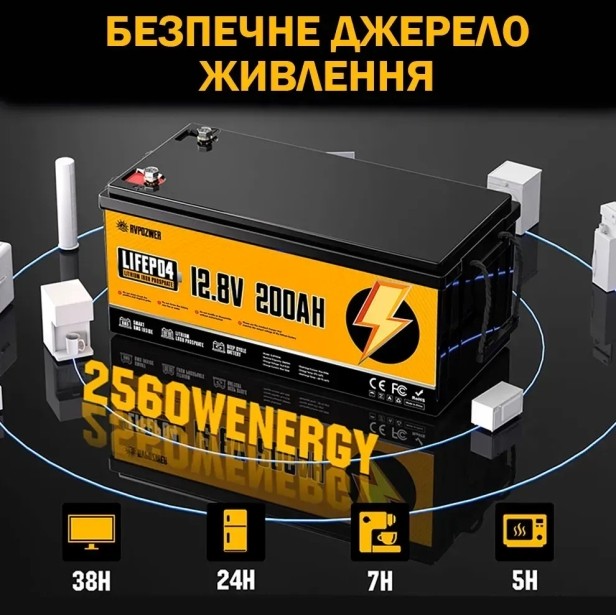 Акумулятор AVPOZWER 12V 200Ah LiFePO4 с BMS 200A с глубоким циклом зарядки/разрядки BMS 200A