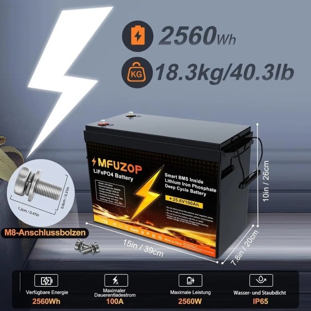 Аккумулятор MFUZOP 24V 100Ah LiFePO4 2560Wh с глубоким циклом зарядки/разрядки BMS 100A