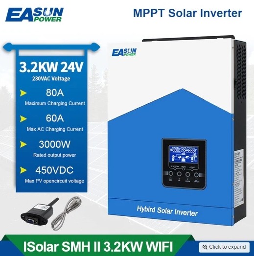 Гібридний інвертор сонячний EASUN 3.2kW 24V ISolar-SMH-II-3.2KW-24V (3200VA/3200W, Max CH 100A, AC 60) Wi-Fi