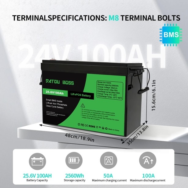 Акумулятор DATOUBOSS 24V 100Ah LiFePO4 с BMS 100A 2560Wh з глибоким циклом зарядки/розрядки