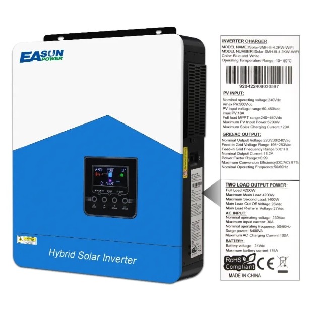 Гибридный инвертор EASUN 4.2kW 24V ISolar SMH-III-4.2KW-24V (4200VA/3800W, Max CH 110A, AC 80) Wi-Fi