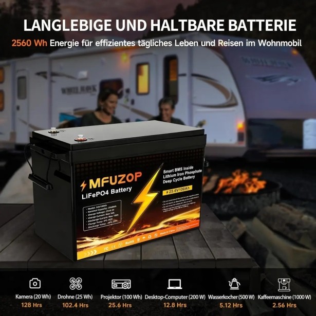 Аккумулятор MFUZOP 24V 100Ah LiFePO4 2560Wh с глубоким циклом зарядки/разрядки BMS 100A