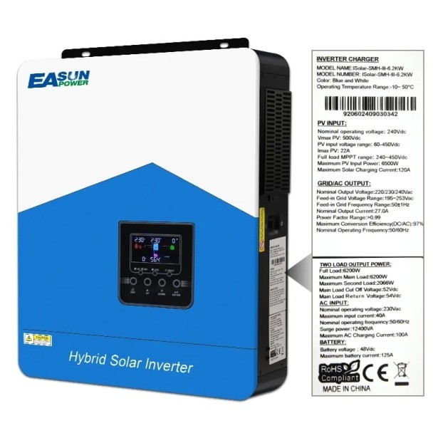 Гібридний інвертор EASUN 6.2kW 48V ISolar-SMH-III-6.2KW (6200VA/6200W, Max CH 120A, AC 100) Wi-Fi