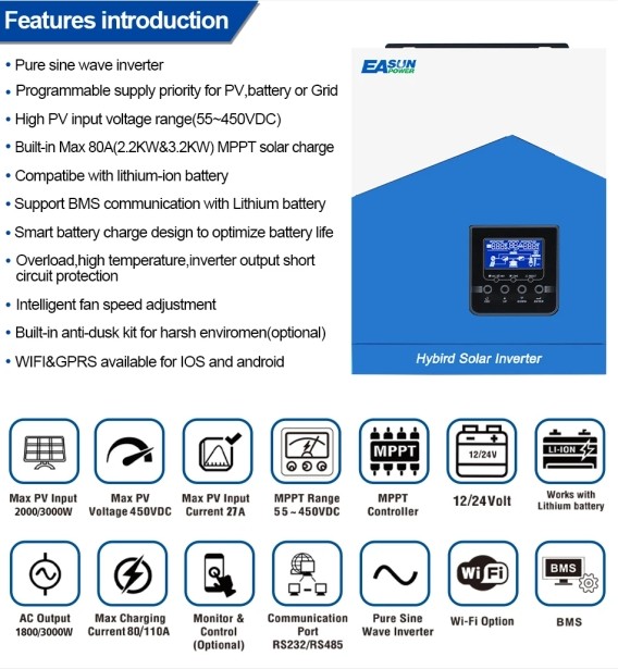 Гибридный инвертор EASUN 2.2kW 12V ISolar-SMH-II-2.2KW (2200VA/1800W, Max CH 80A, AC 60) Wi-Fi