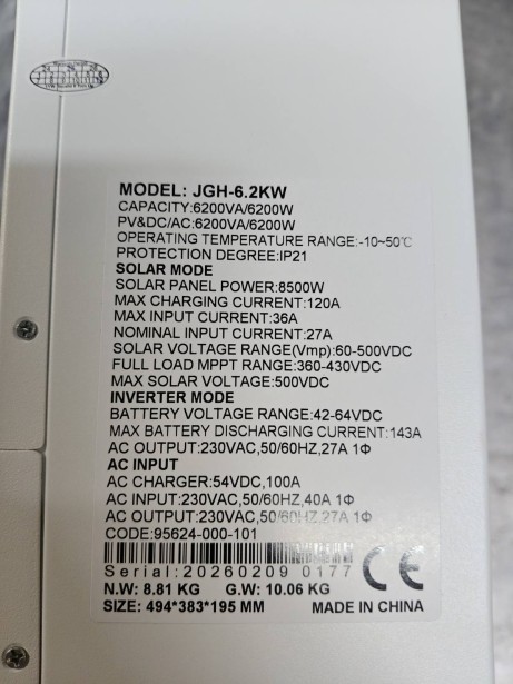 Гибридный инвертор Daxtromn JGH-6.2KW, 48 В, 120 А, 6200 Вт (безперебійник, UPS, ДБЖ)
